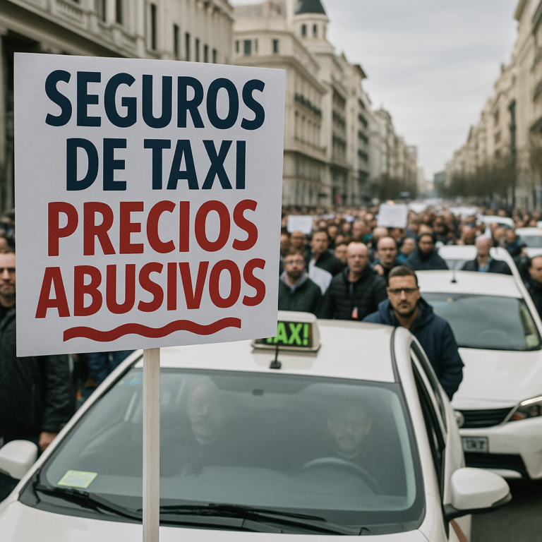 Manifestación de taxistas en España contra la subida abusiva de precios en los seguros de taxi en 2025 generada con IA.