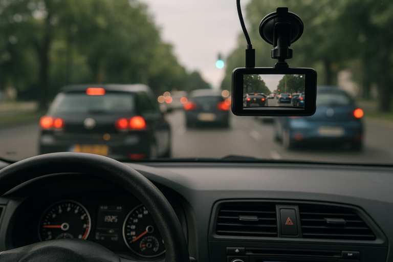 Imagen del interior de un coche mostrando el salpicadero y una dashcam instalada en el parabrisas grabando la carretera con vehículos detenidos en un semáforo