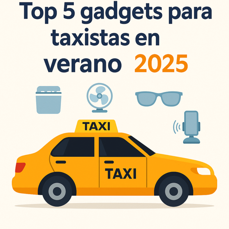 Top 5 gadgets para taxistas en verano 2025 con taxi amarillo y accesorios tecnológicos