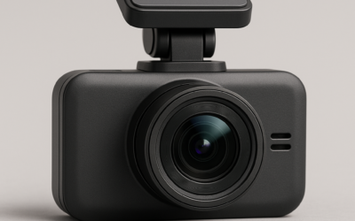 Imagen de una dashcam frontal moderna instalada en el parabrisas de un coche