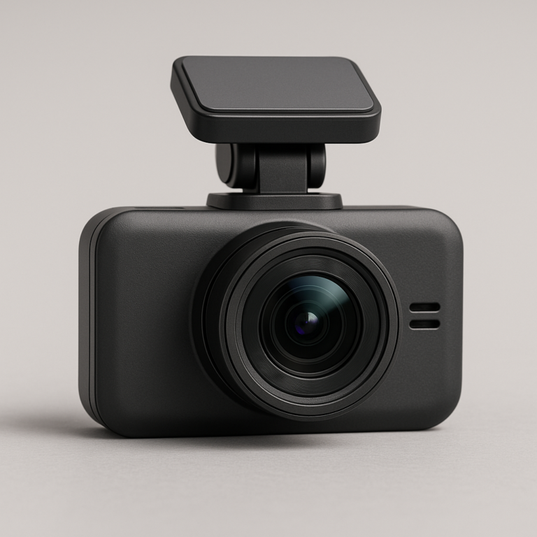 Imagen de una dashcam frontal moderna instalada en el parabrisas de un coche