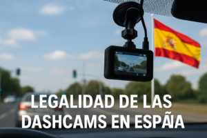 Dashcam instalada en coche con bandera de España de fondo y texto sobre la legalidad de su uso