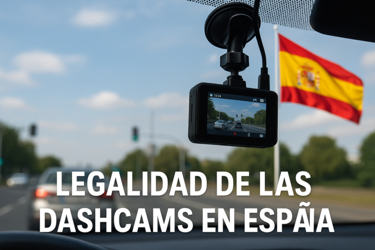 Dashcam instalada en coche con bandera de España de fondo y texto sobre la legalidad de su uso